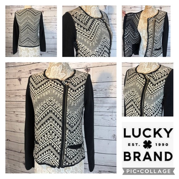 Lucky Brand Moto Aztec jacket / sweater black & white size large - Picture 1 of 12